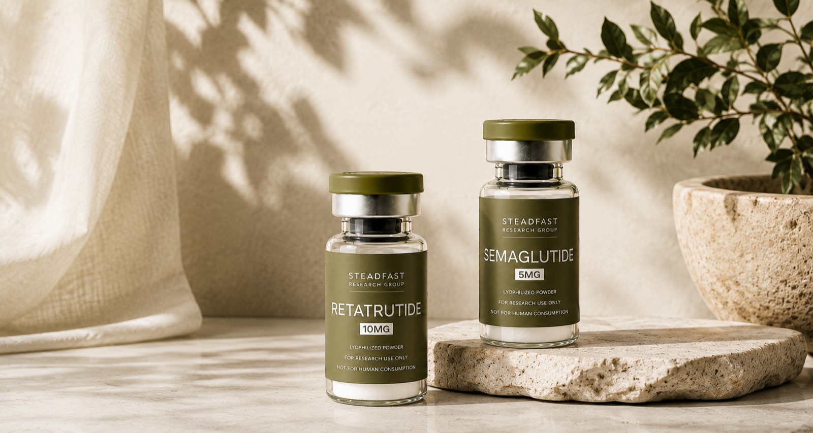 Steadfast Research Group Retatrutide and Semaglutide vials on a marble surface