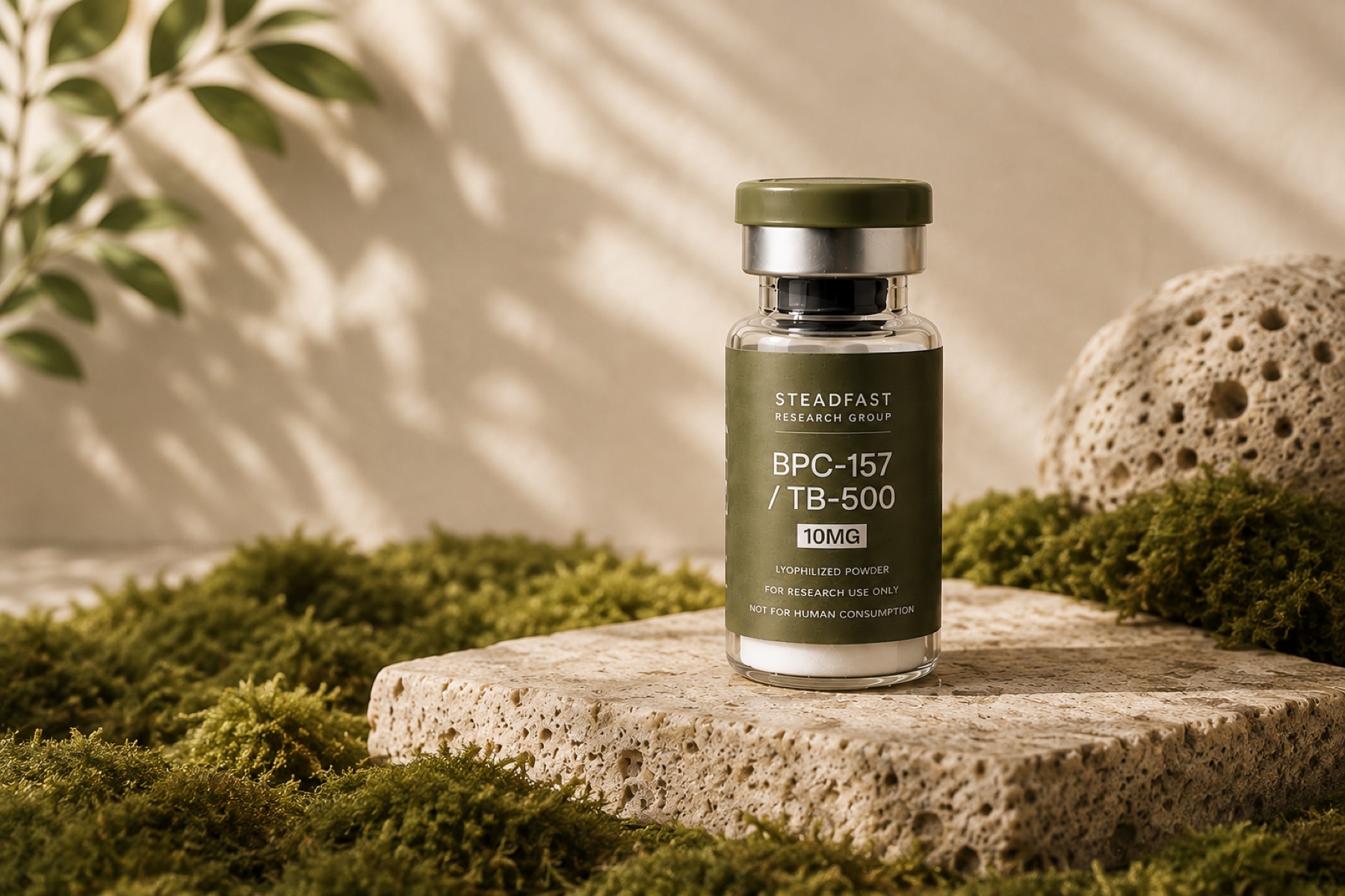 Steadfast BPC-157/TB-500 vial staged on a mossy stone slab