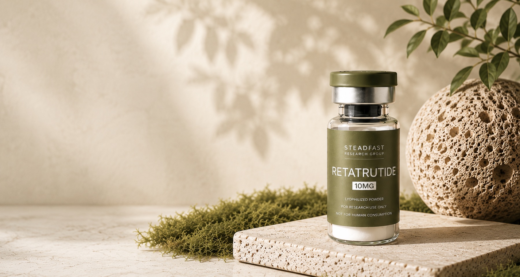 Steadfast Research Group Retatrutide vial on a travertine podium