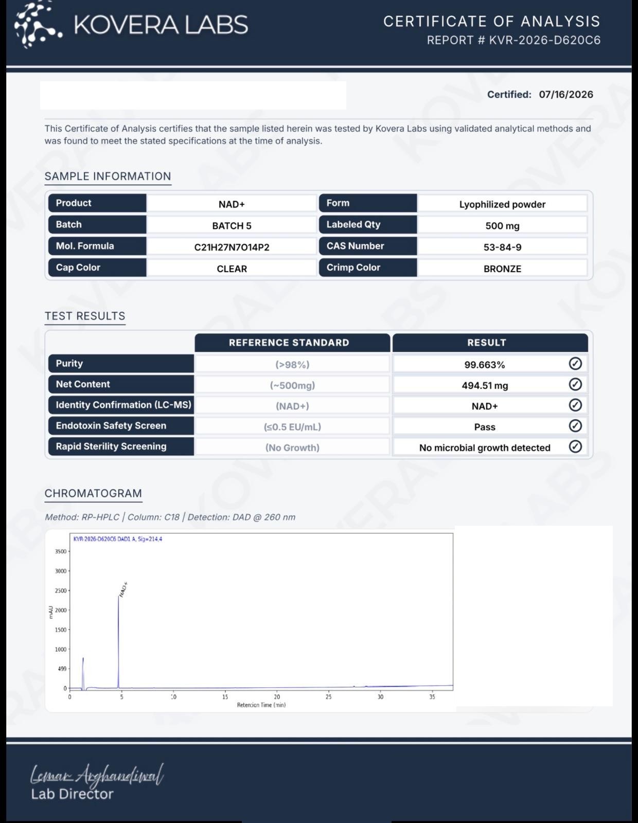NAD+ Certificate of Analysis