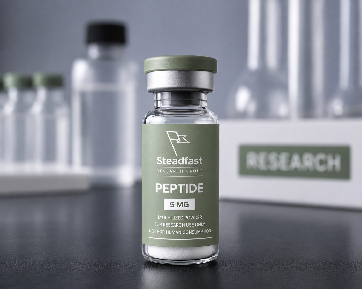 Steadfast peptide vial on a research bench