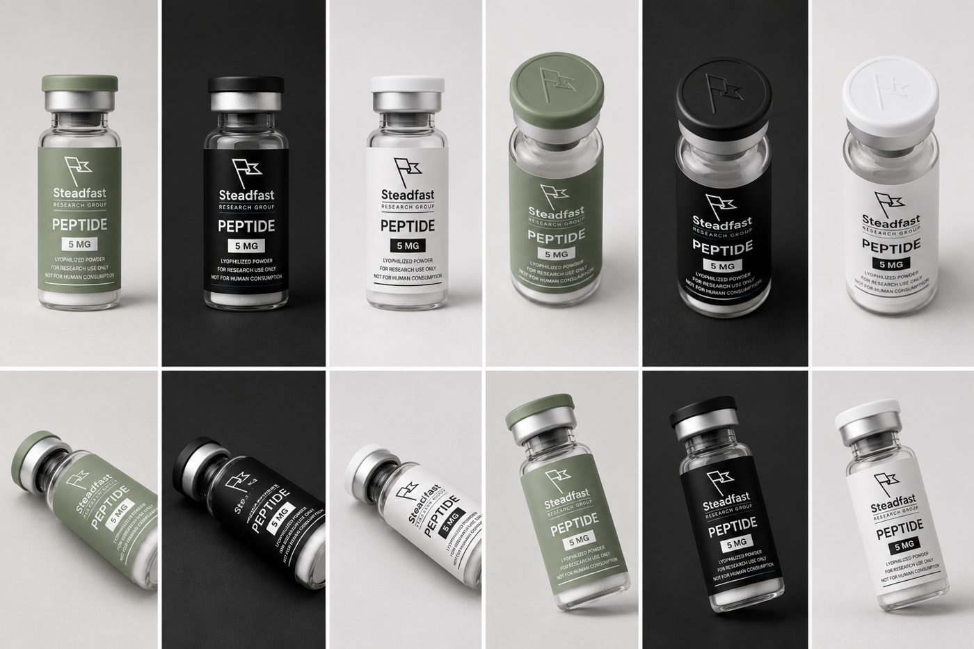 Steadfast peptide vial shown in multiple colorways and angles